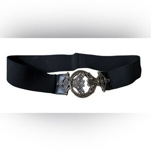 Chico's Womens Belt Wide Black Silver Tone Buckle Stretch  Size Large